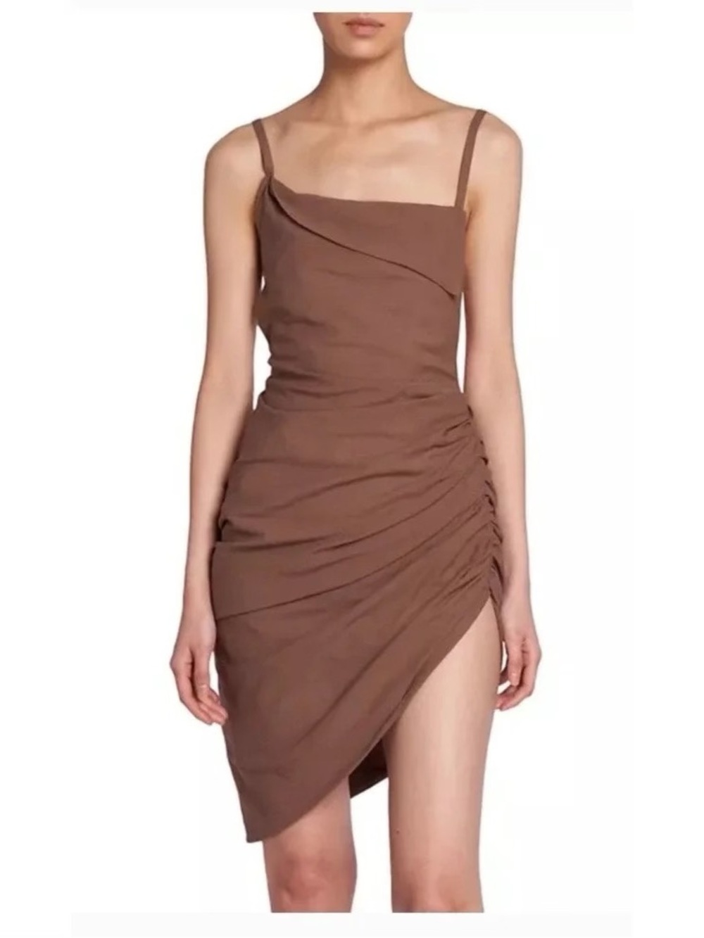 Jacquemus La Robe Saudade Asymmetric Draped Mini Dress Brown FR 40 US 8 NWT $750